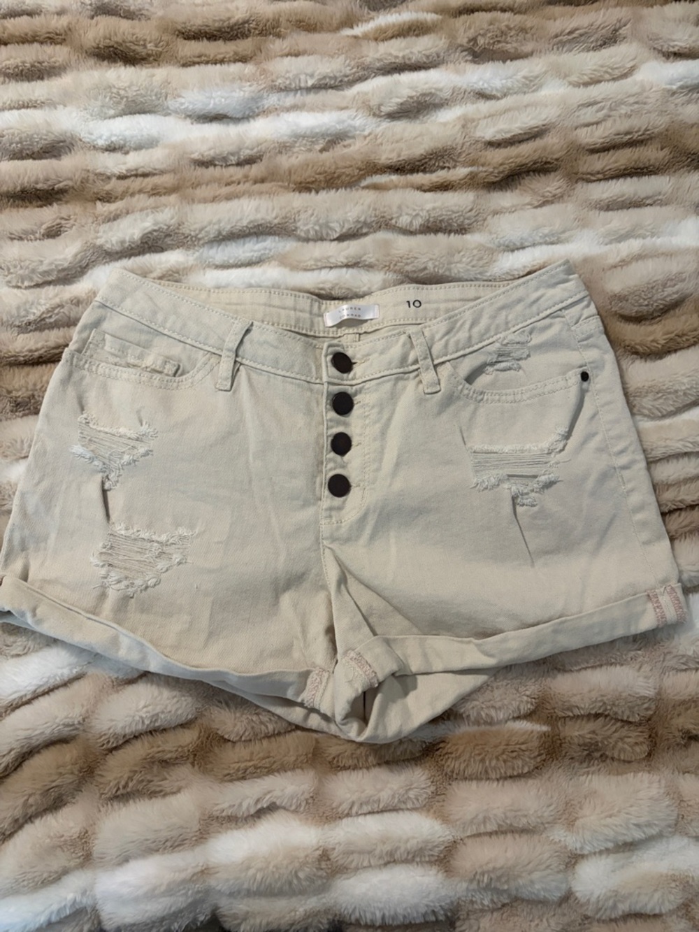 LC Lauren Conrad Beige Distressed Denim Shorts with Button Front